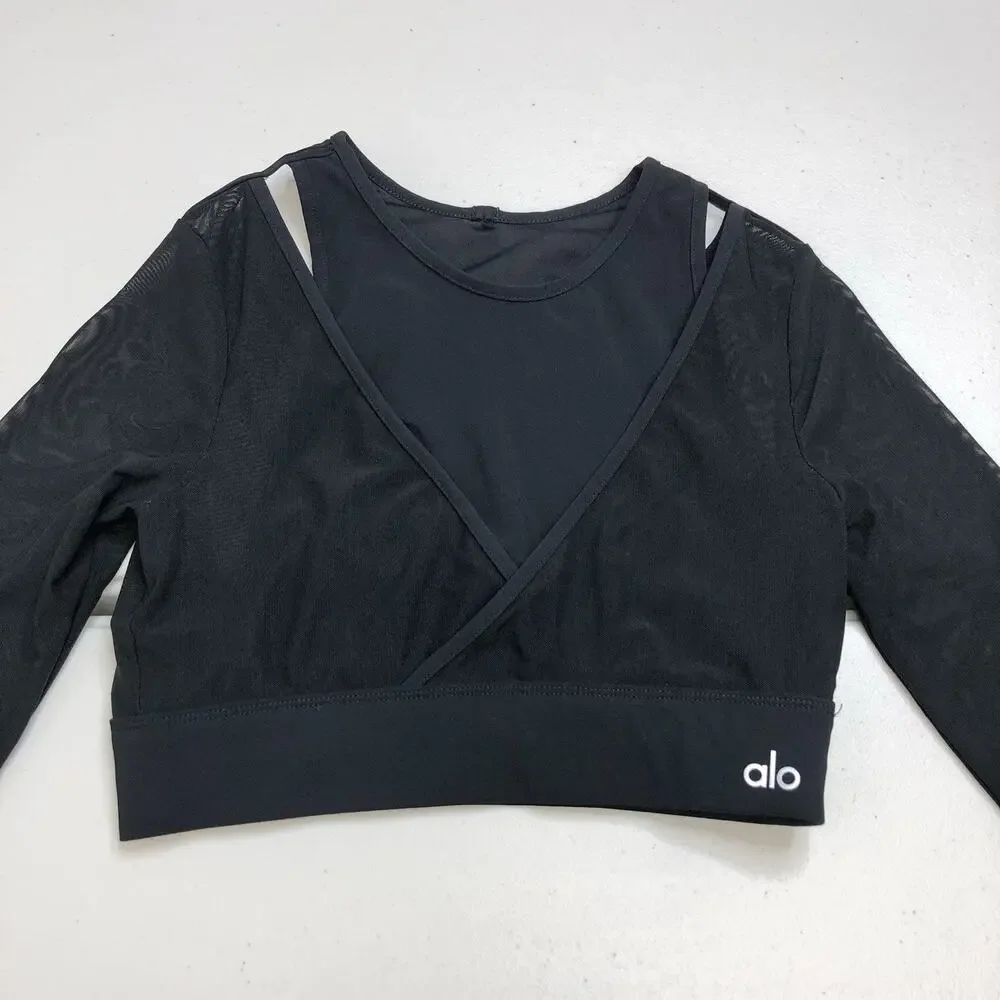 Alo Yoga Pivot Layered Long Sleeve Top Cropped Mesh Size Small Black